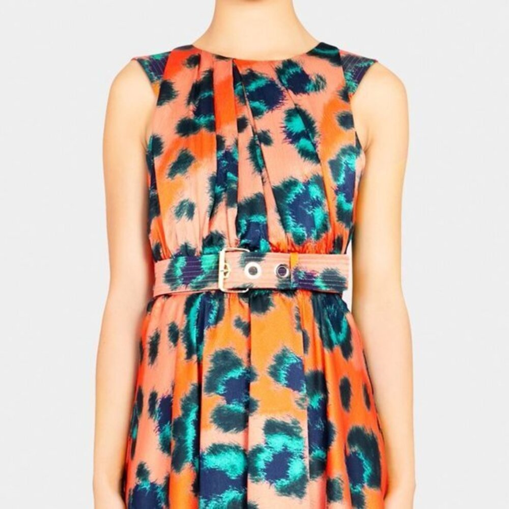 Kenzo orange green leopard belted pebbles silk dress